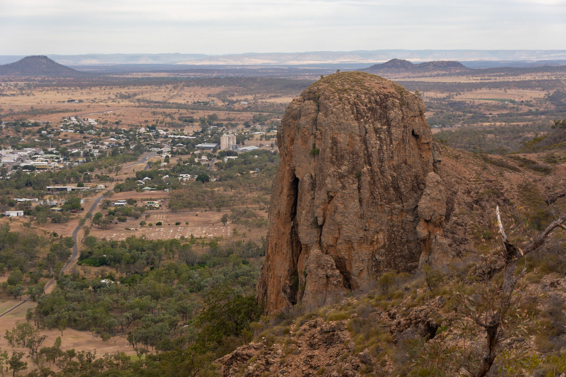 Virgin Rock with the town of Springsure below.