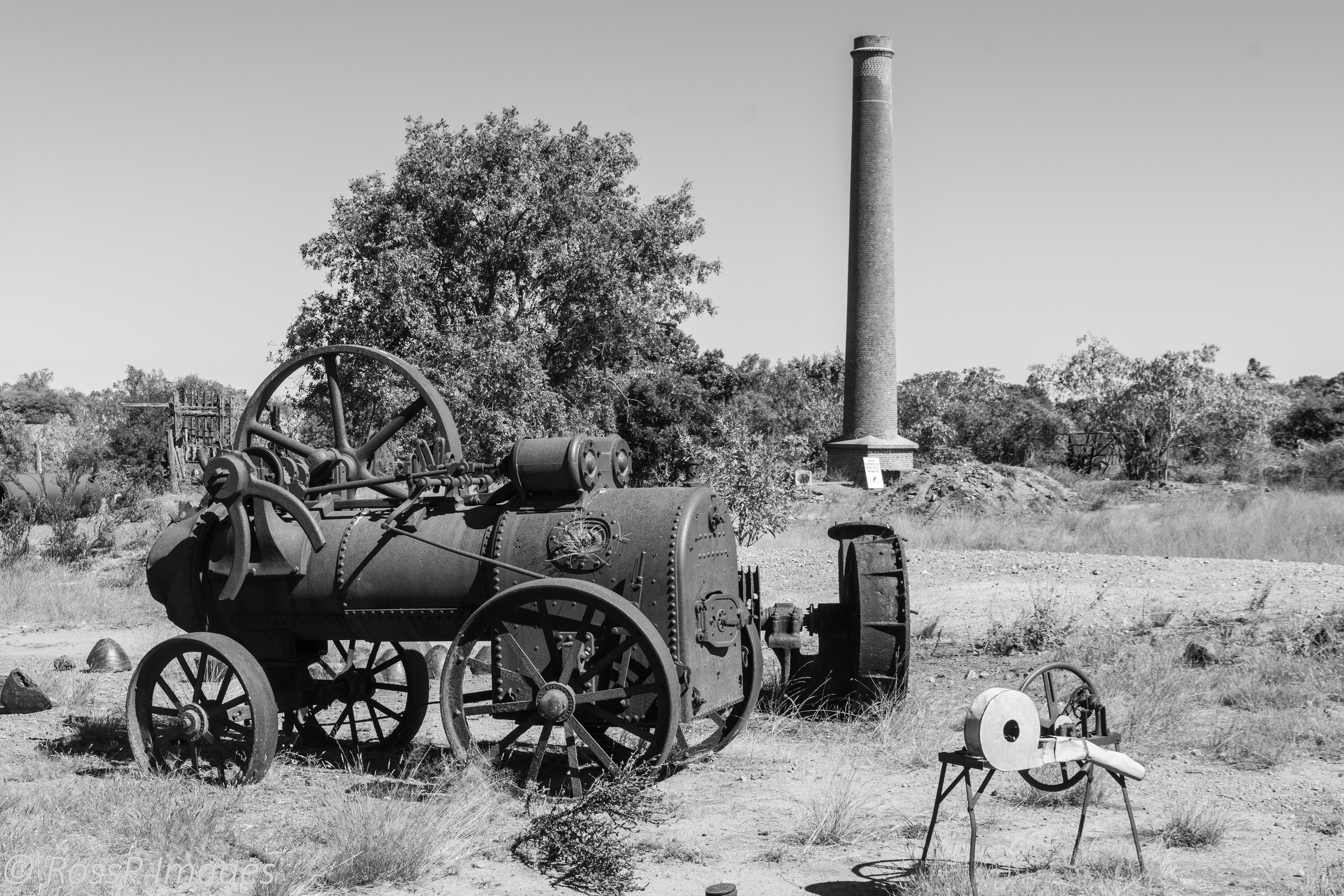 Remnant machinery, stamper battery and furnace stack on the Mabel Mill site.