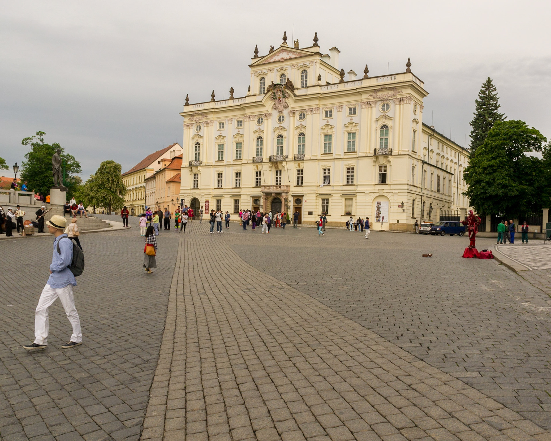 Looking towards the Archbishops Palace - a Baroque building with a beautifully decorated gable in Hradčany Square.
