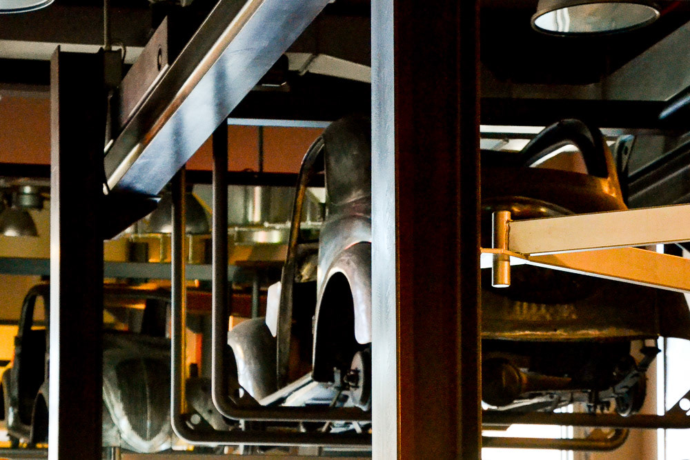 One of the first Fiat 500 bodies on display at the Fiat Lingotto factory.