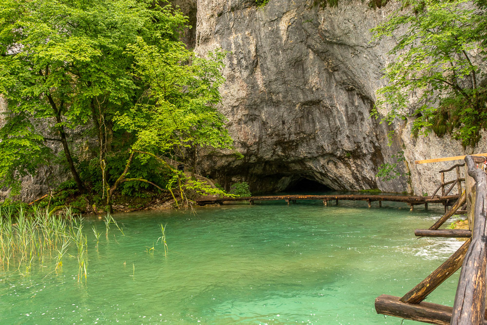 Timber boardwalks protect the sensetive travertine formations and allow public access through the lake system. This one leading to a cave.