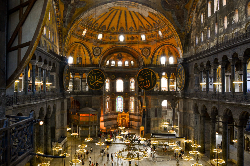 A view from an upper gallery over the floor level below.