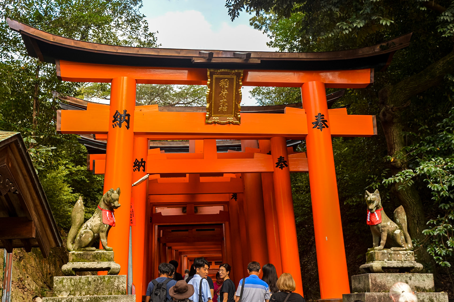 Fushimi Inari - walking through Senbon Torii (1,000 Torii gates) again we see a pair of fox statues at the commencement of this section.