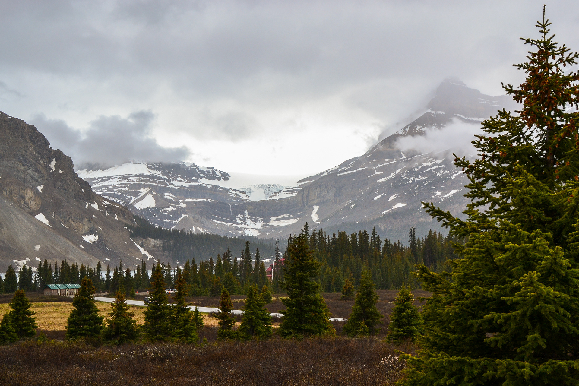 In the distance another of the 100 plus glaciers along the stretch of road from Lake Louise to Jasper known as the Icefields Parkway.