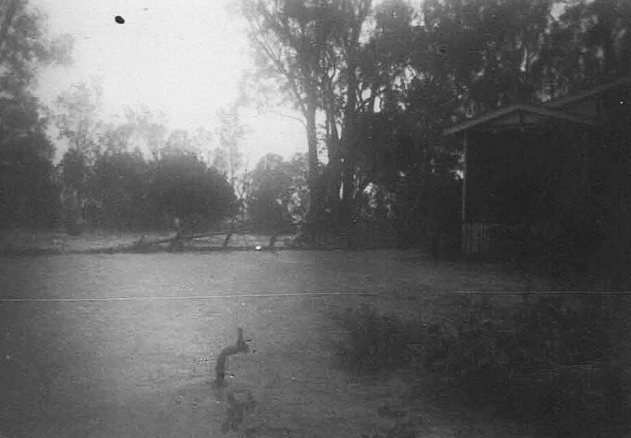 Callide Creek flood level reaches the corner of the farm house.