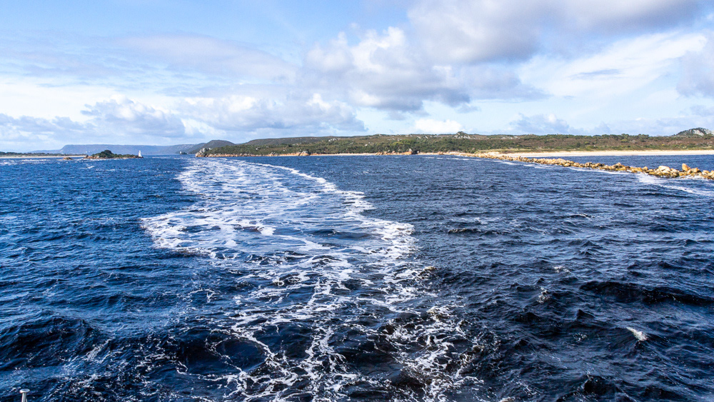 Looking back towards Macquarie Harbour from the main channel rock wall on the outside of the channel's curve.