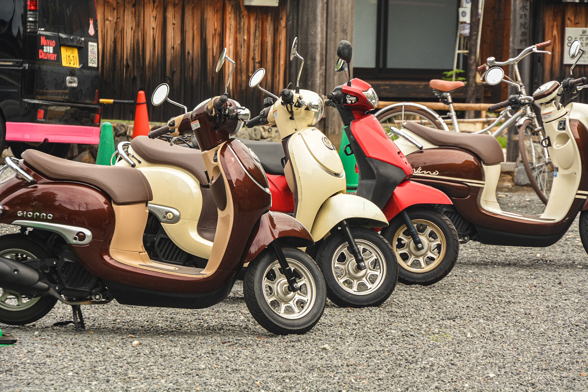 Scooter parking to rival any Italian village., however Honda Giorno scooters are the chosen ride.