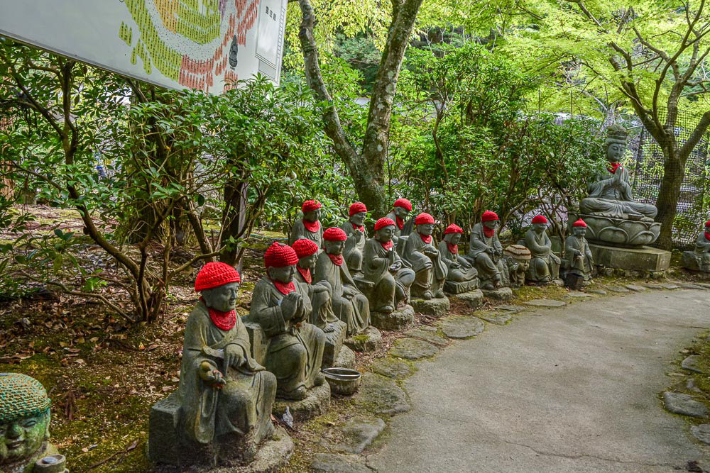 The pathway to Daisho-in temple is flanked by hundreds of small statues. These are the 500 Rakan, or first disciples of Buddha.