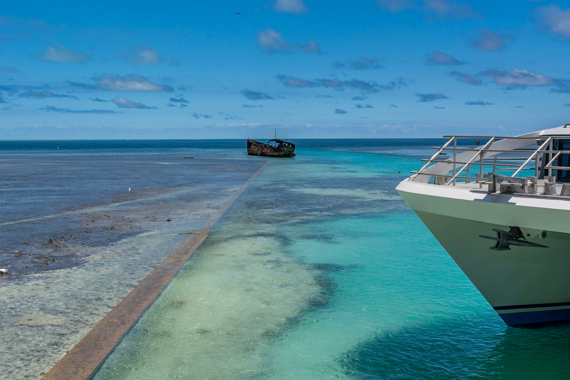 The Heron Islander with the wreck of HMAS Protector in the background.
