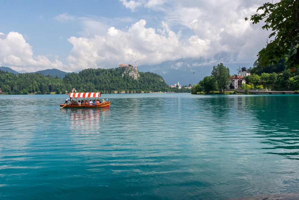 The traditional transportation to Bled Island, a wooden boat known as a pletna.