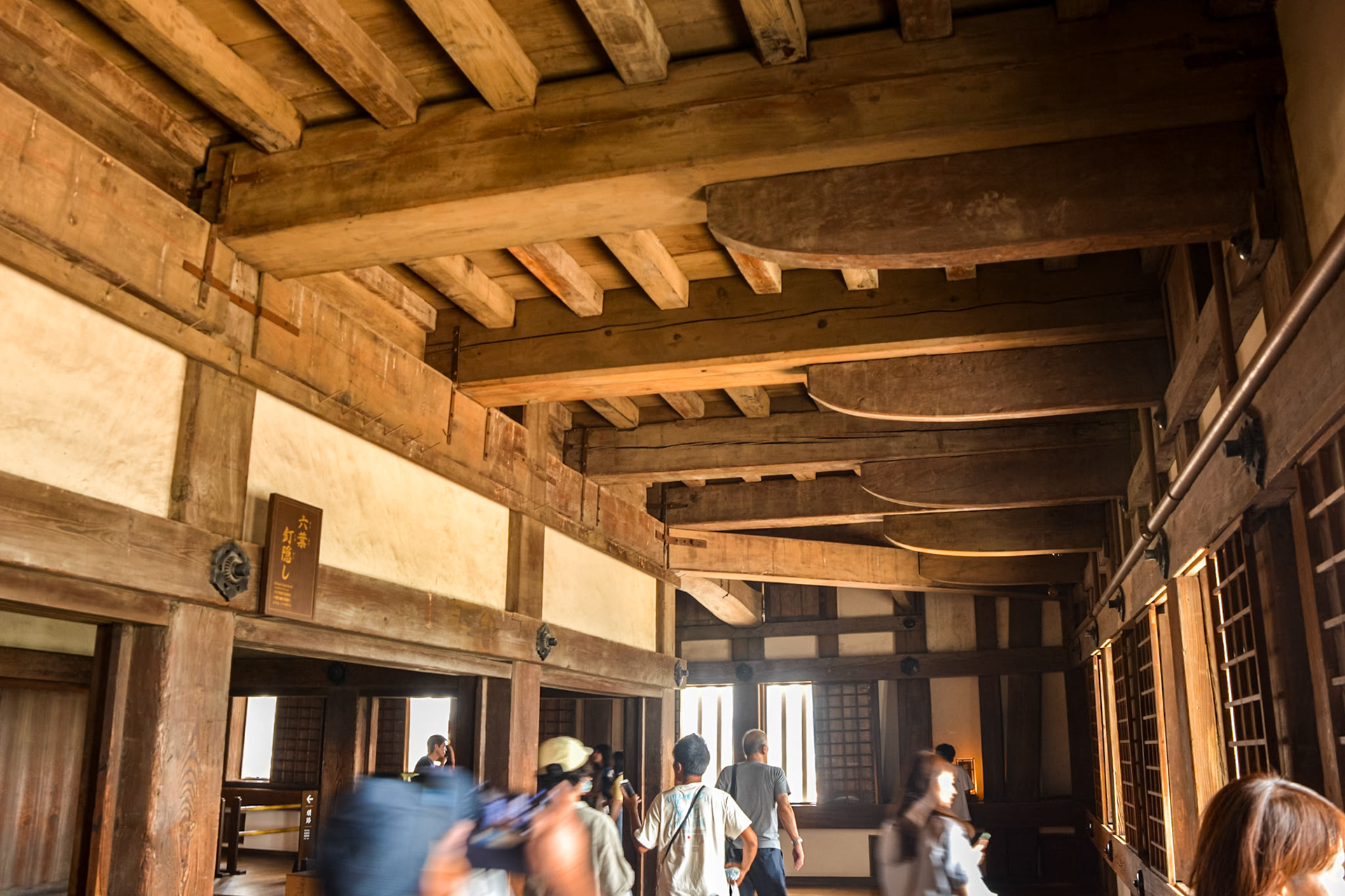 Hallways circulating the keep reveal the massive structural timber framing of this remarkable building.