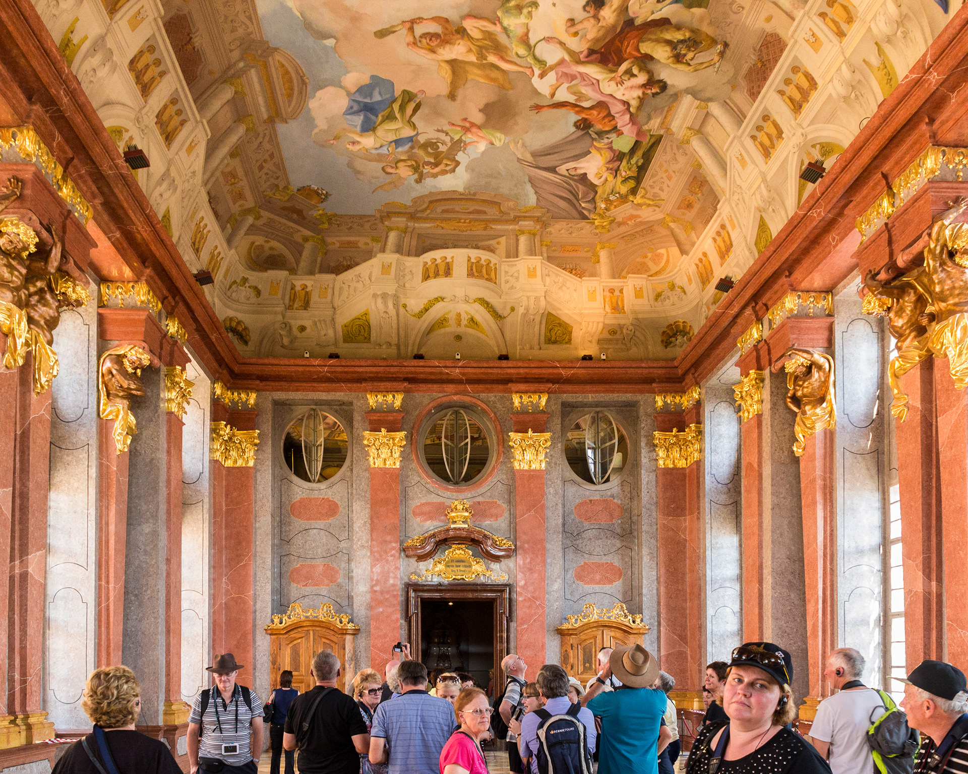 Trogers fresco painted in 1731 adorns the ceiling of the Marble Hall.