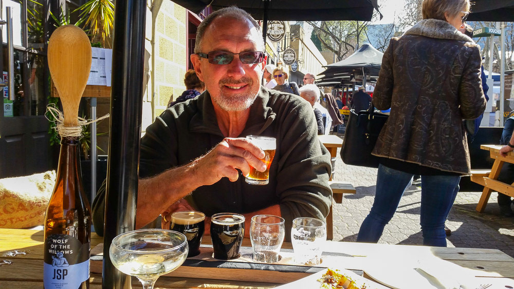 Sampling the brews at the Salamanca Markets.