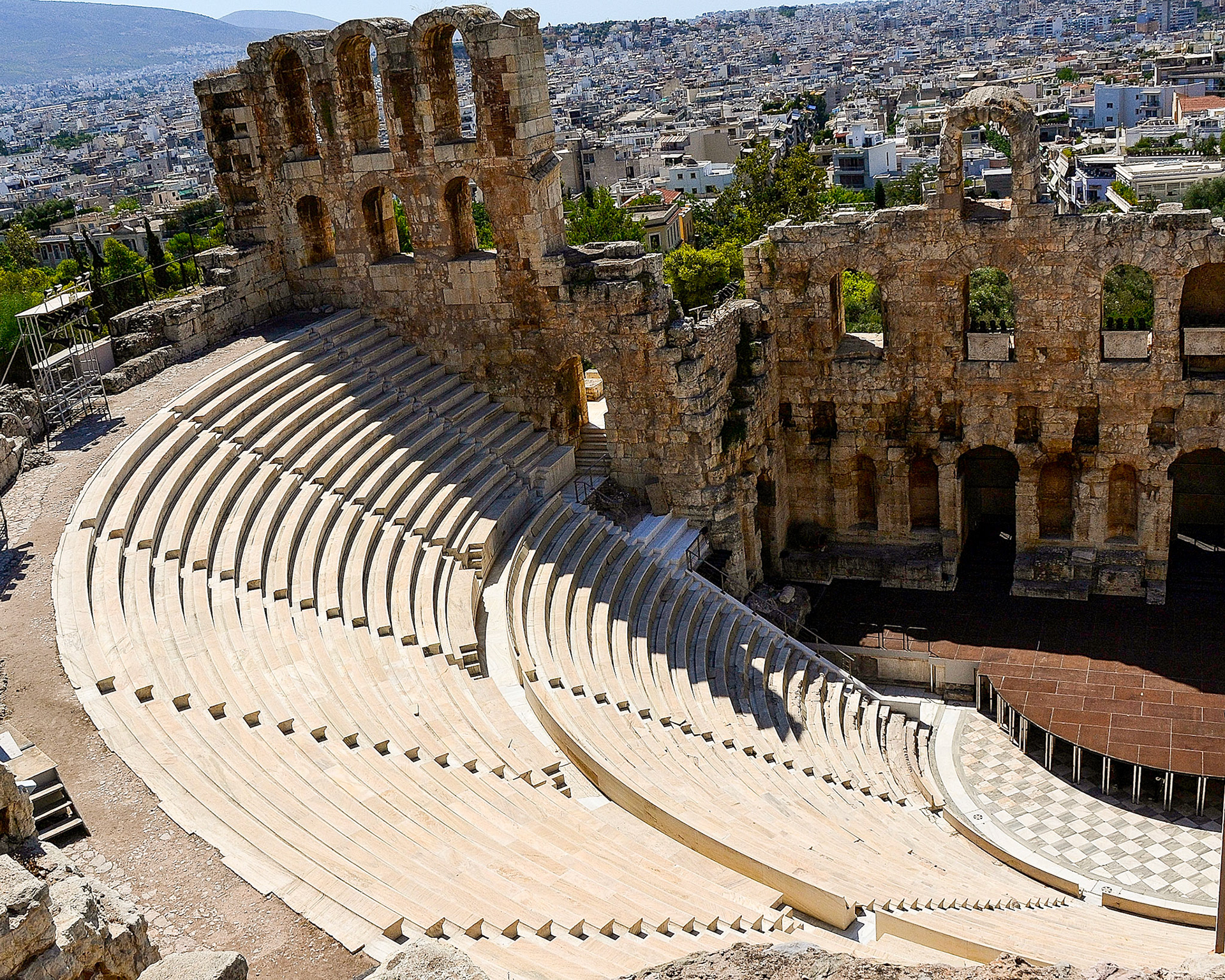 The Odeon of Herodes Atticus on the southwest slope of the Acropolis. The building was completed in 161 AD and then renovated in 1950.