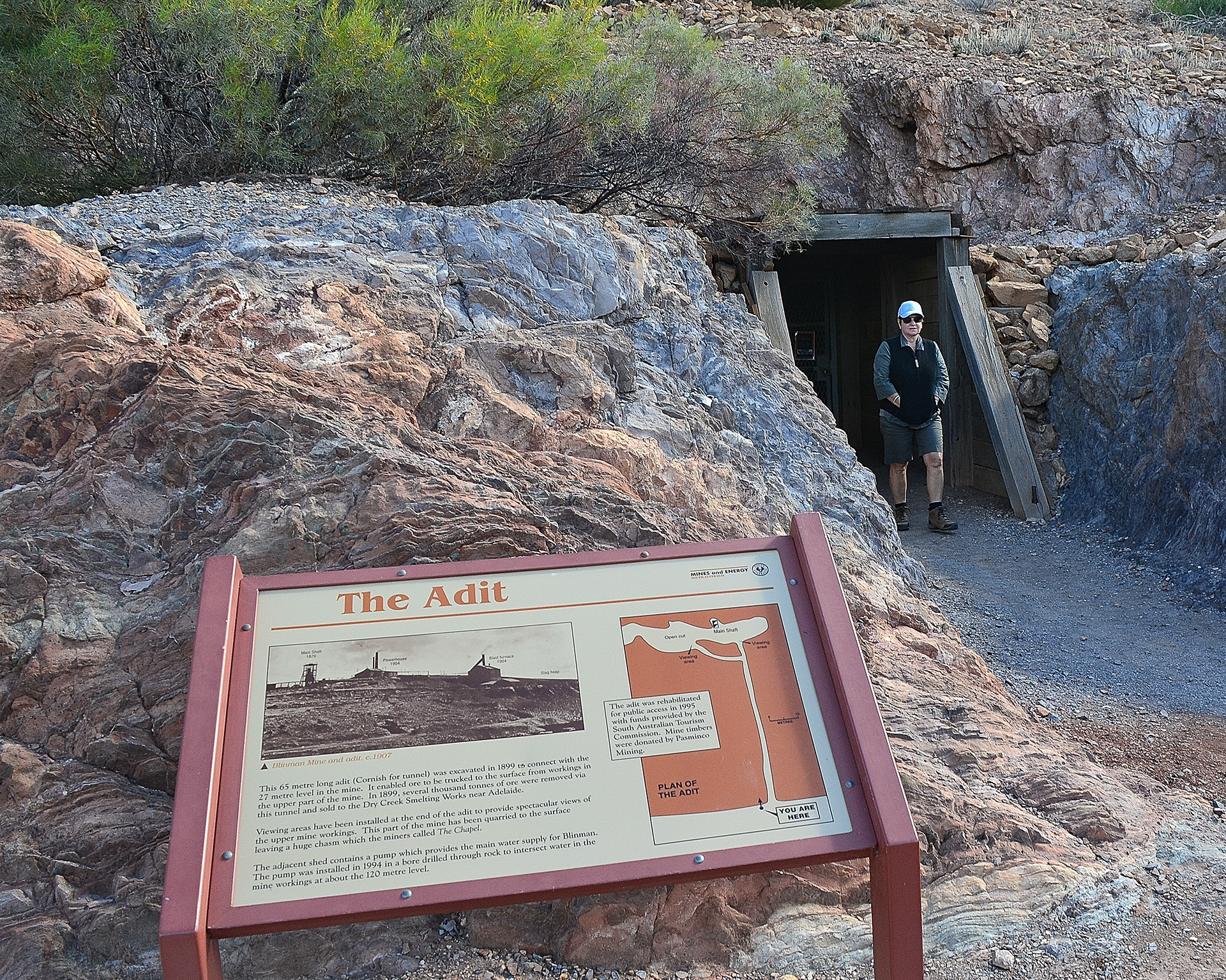 Blinman Mine - Cheryl emerges from the Adit. (Cornish for tunnel)