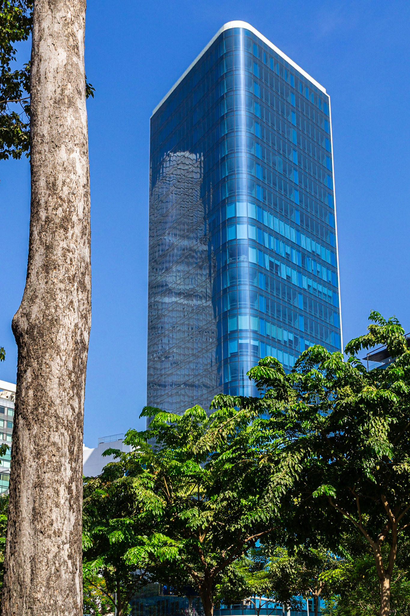A modern tower clad in sky blue rises above the city.
