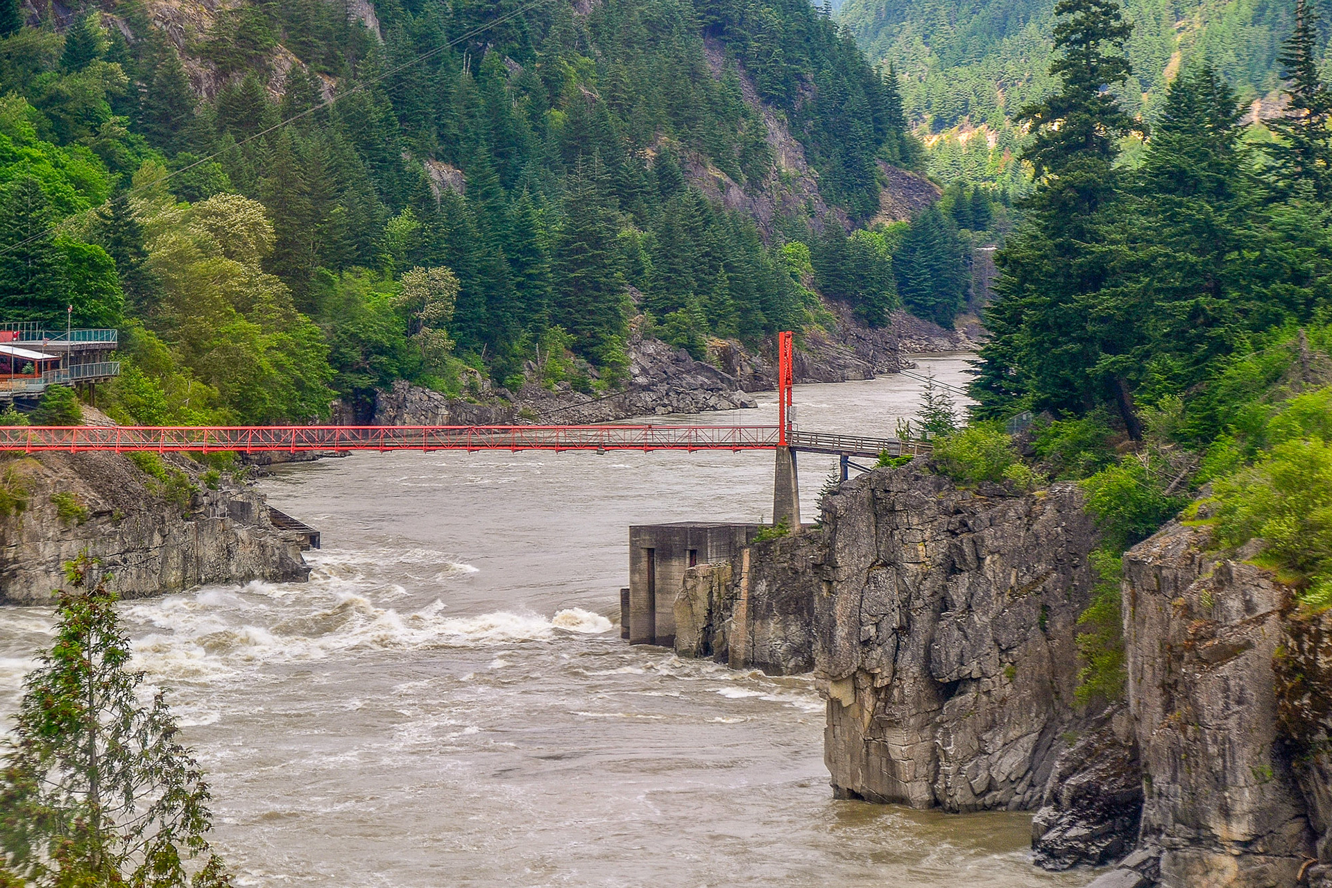 Hell's Gate Bridge - The towering rock walls of the Fraser River plunge toward each other forcing the turbulent waters through a passage only 35 meters wide.