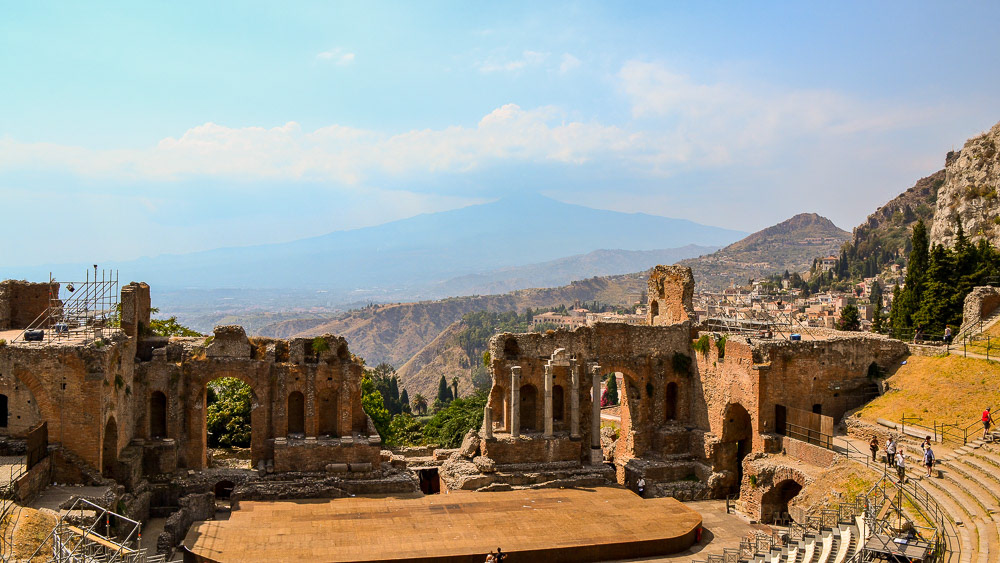 Teatro Greco overlooking Taormina - Mt Etna far in the background.