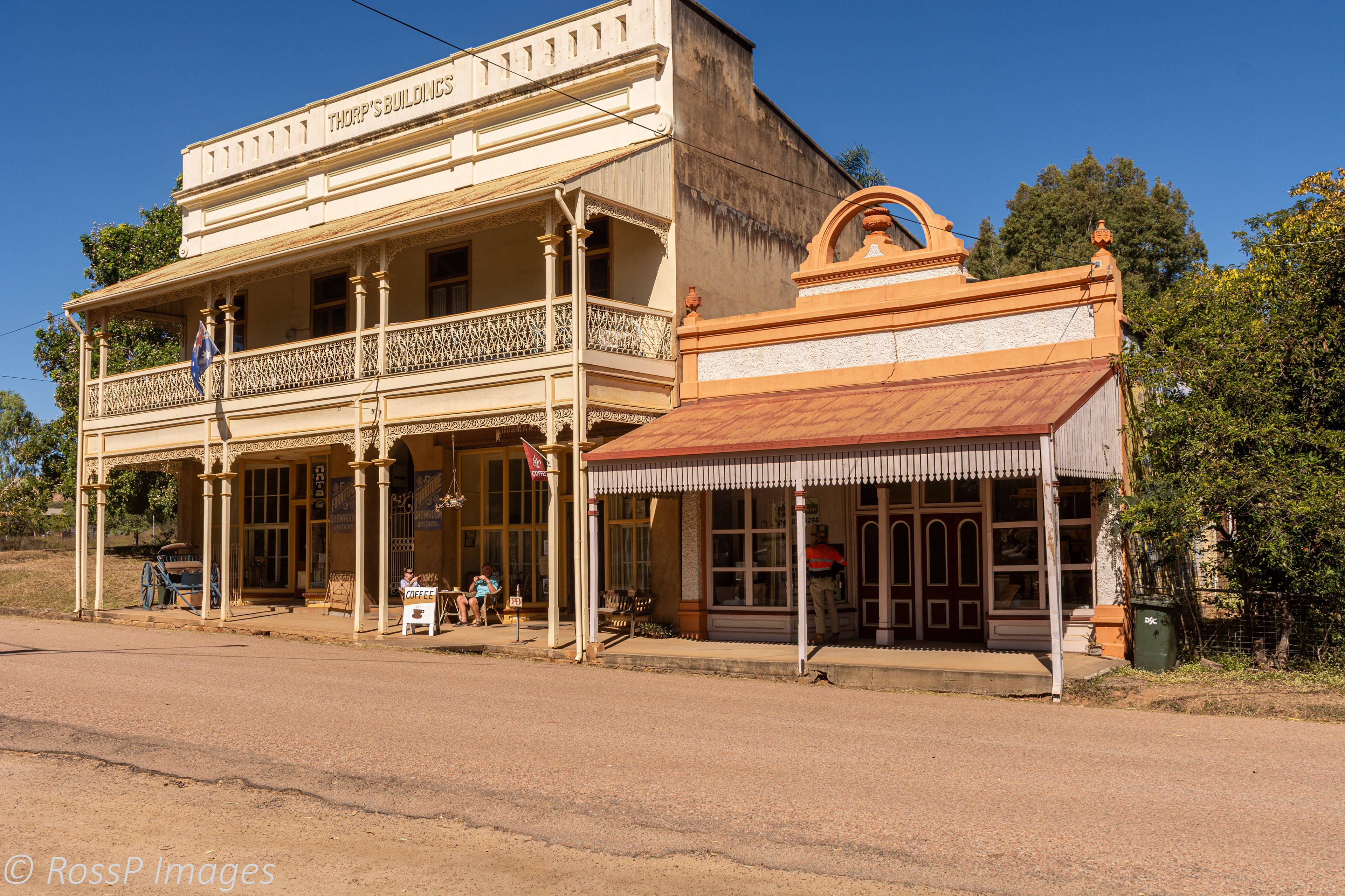 Thorps Building', originally a commercial building in Macrossan Street. Now a Tea Room and B&B with heritage memorabilia on display.