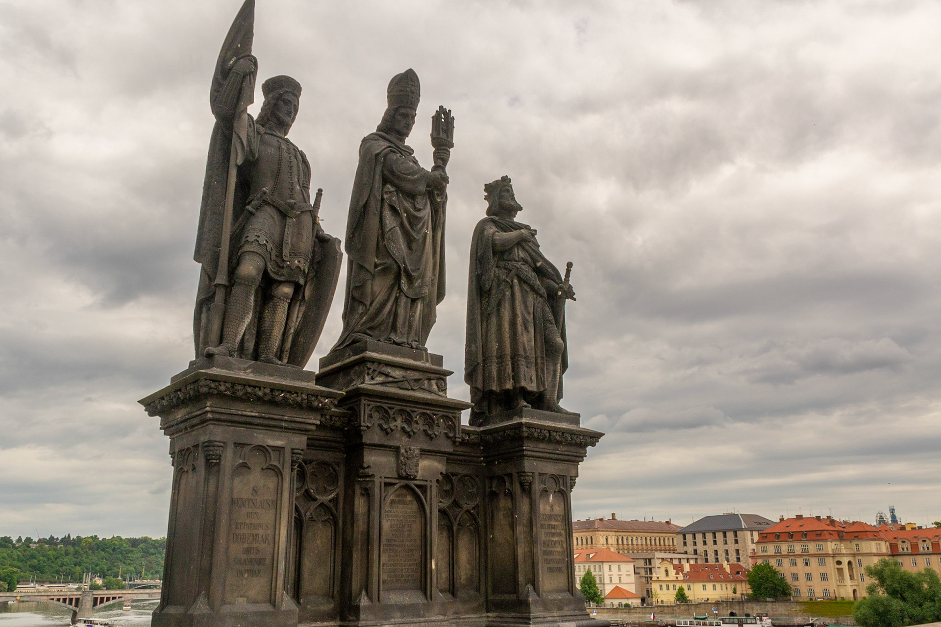 Statue of Saints Norbert of Xanten, Wenceslas and Sigismund on Charles Bridge in Prague