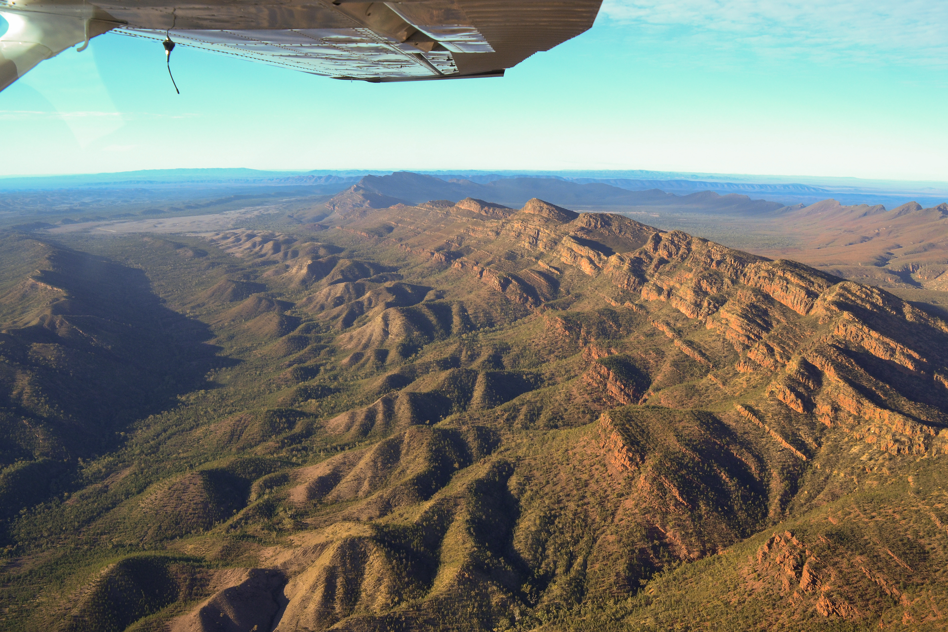 A view of the Northern escarpment of Wilpena Pound from the western side. ABC Range on the left of the frame.