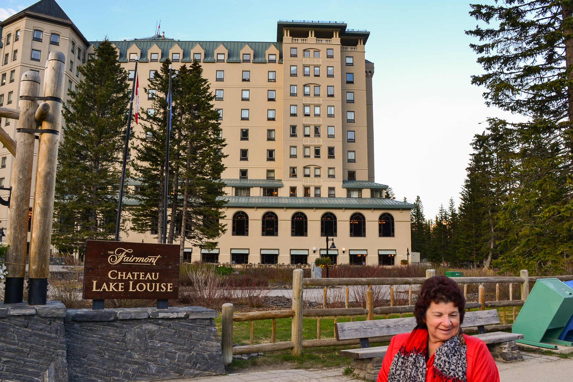 Cheryl in front of the Fairmont Chateau, Lake Louise is amused by the local birdlife.