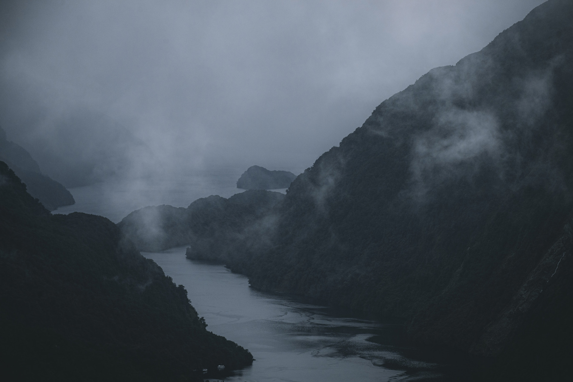 A misty view down towards Doubtful Sounds.