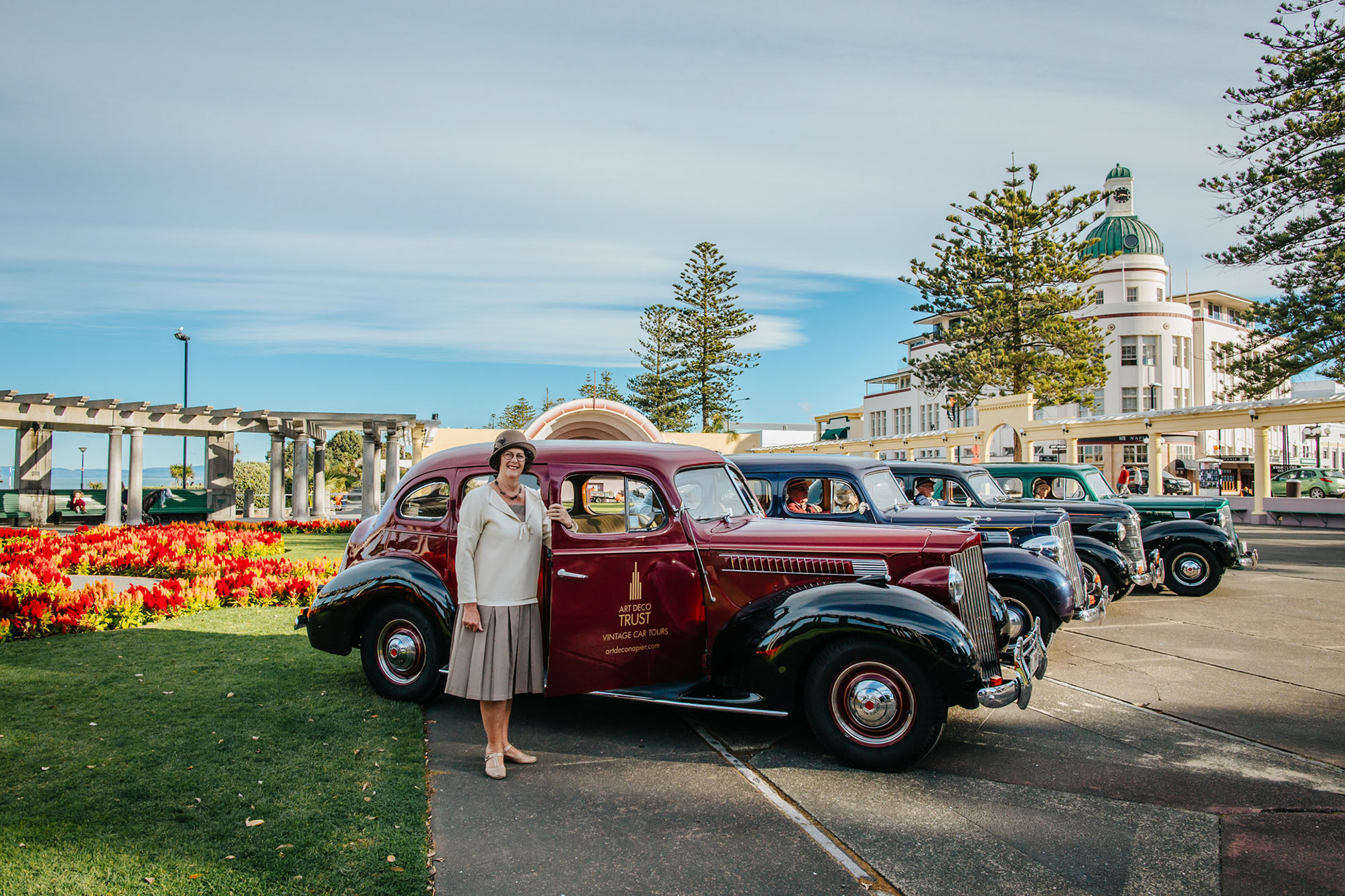 Art Deco Trust vintage car tours lined up at Napier's Soundshell