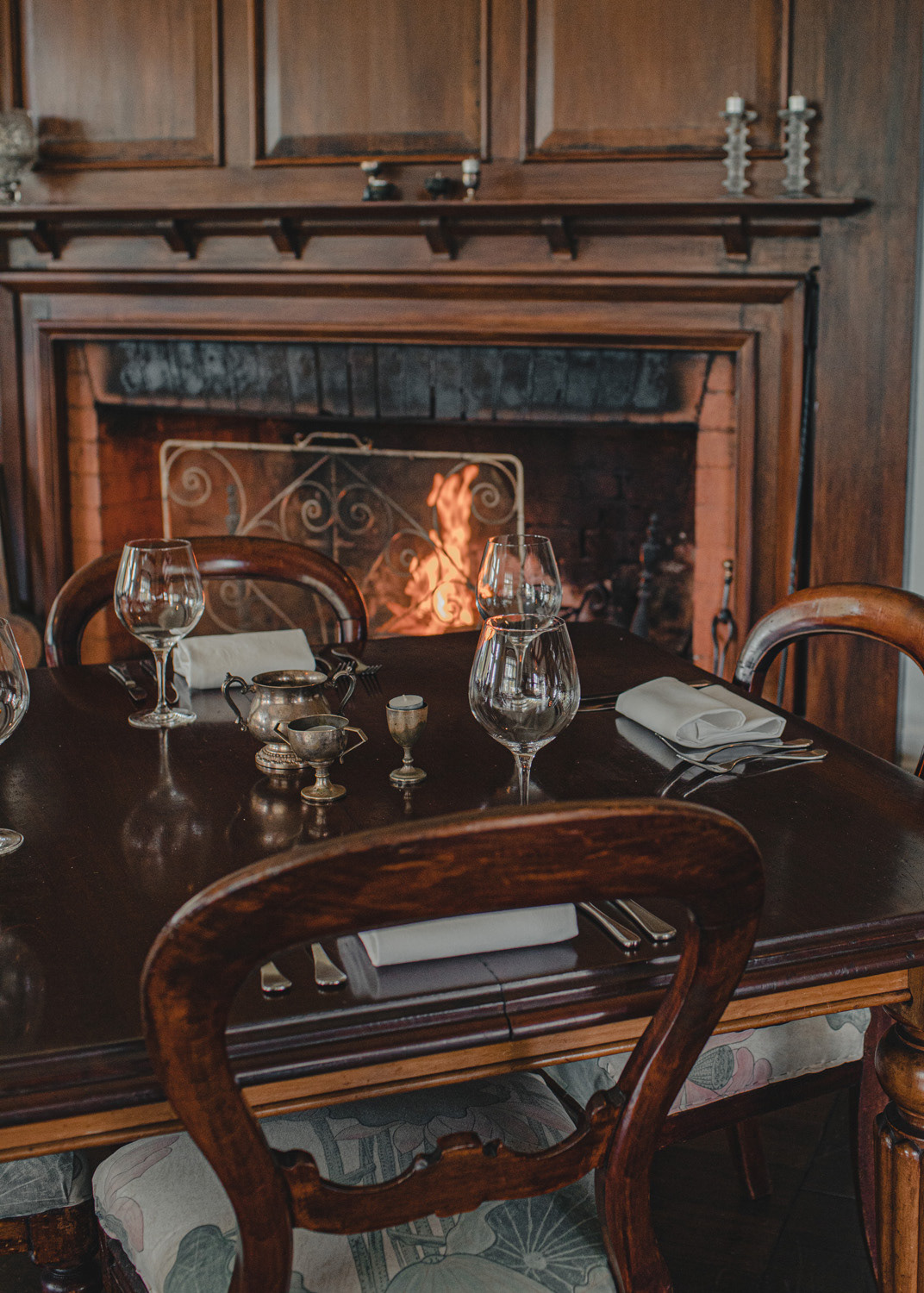 Homestead fireplace lit to keep diners warm