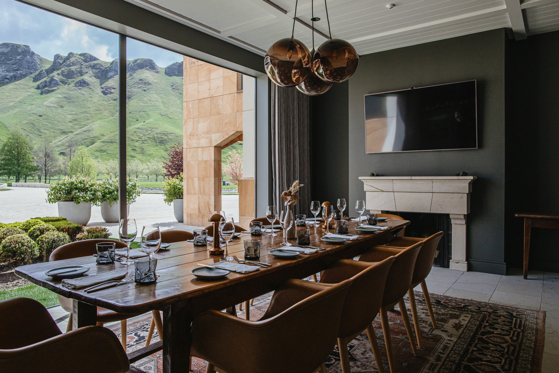 One of the Craggy Range dining spaces that can be hired, with a view out to Te Mata Peak