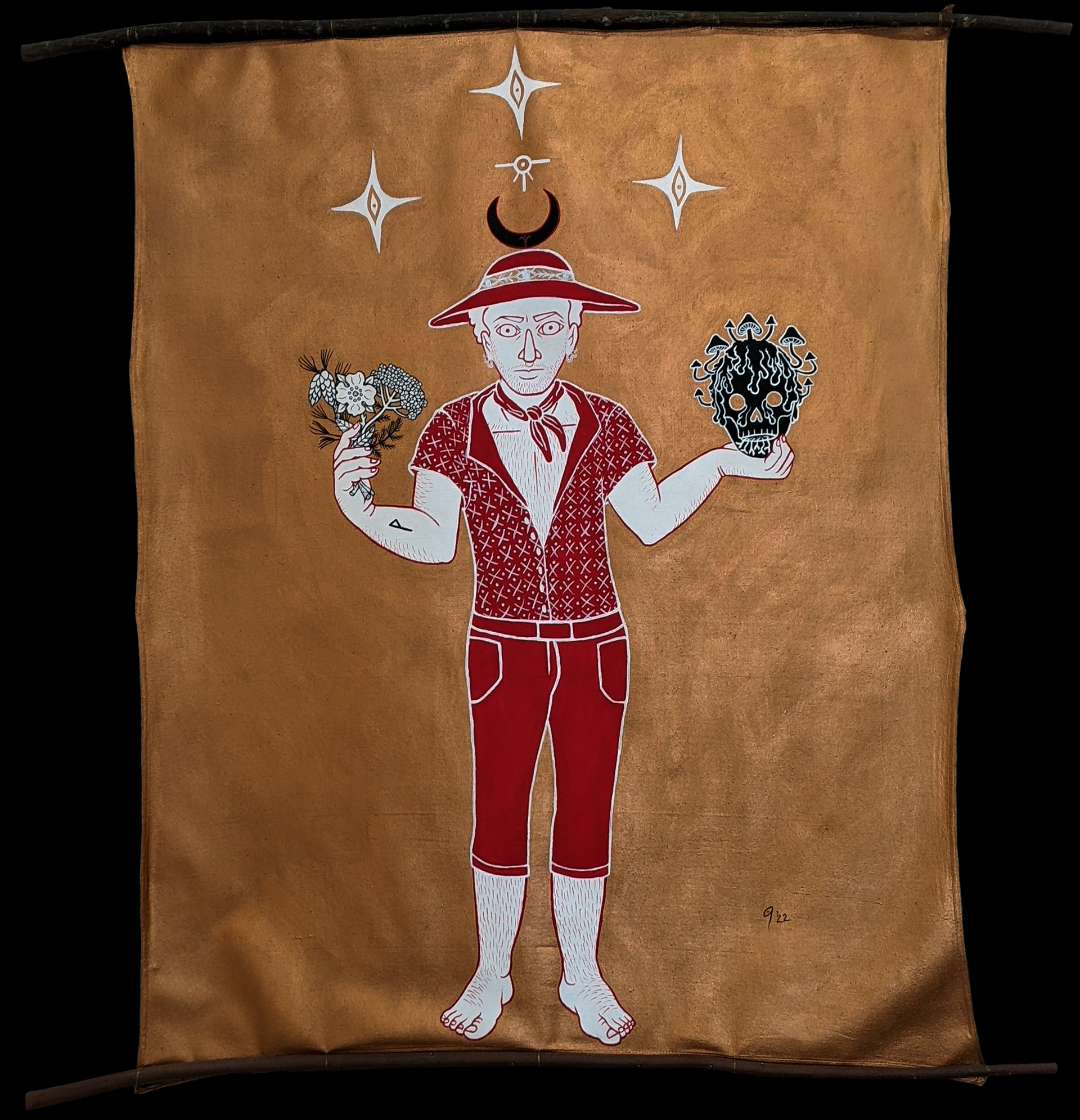 The Navigator: Red Clay Pine (2022) - Gesso, mineral pigments, and acrylic medium on canvas with striped maple, white pine, and wire (55” x 62”)