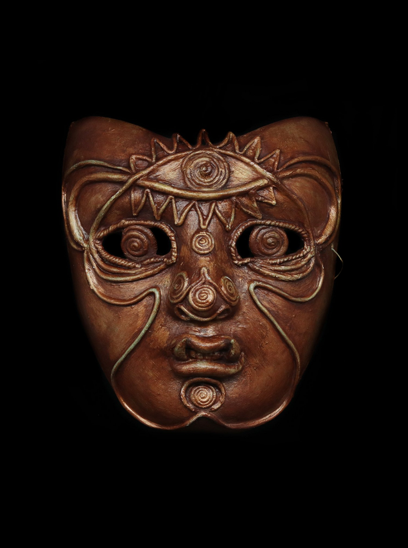 Gorgon I (2018) - Paper mask base, polymer clay, acrylic paint, mineral pigment (8" x 8")