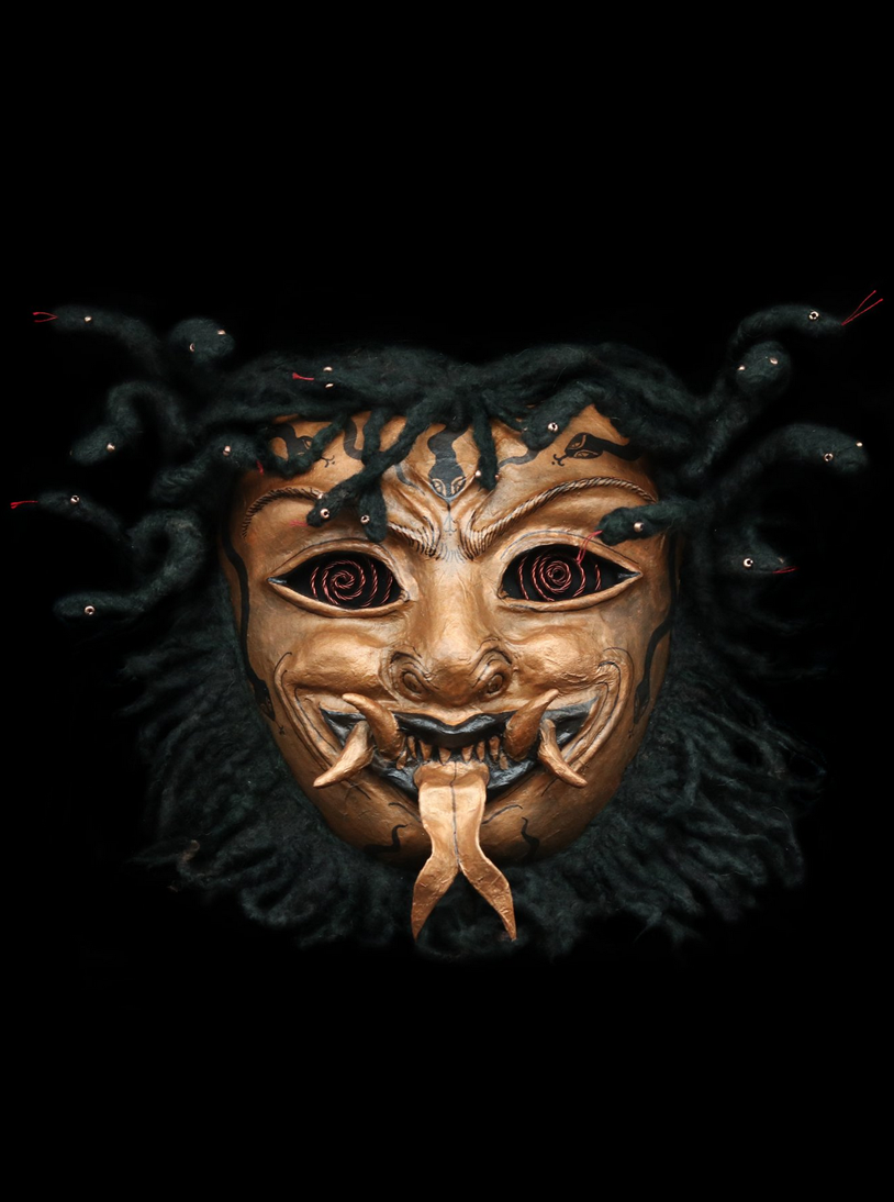 Gorgon II (2022) - rice paper, wheat paste, wire, paper clay, wool, ink, mineral pigment, natural varnish, black dye, fabric, glue, beads, thread (10" x 13")