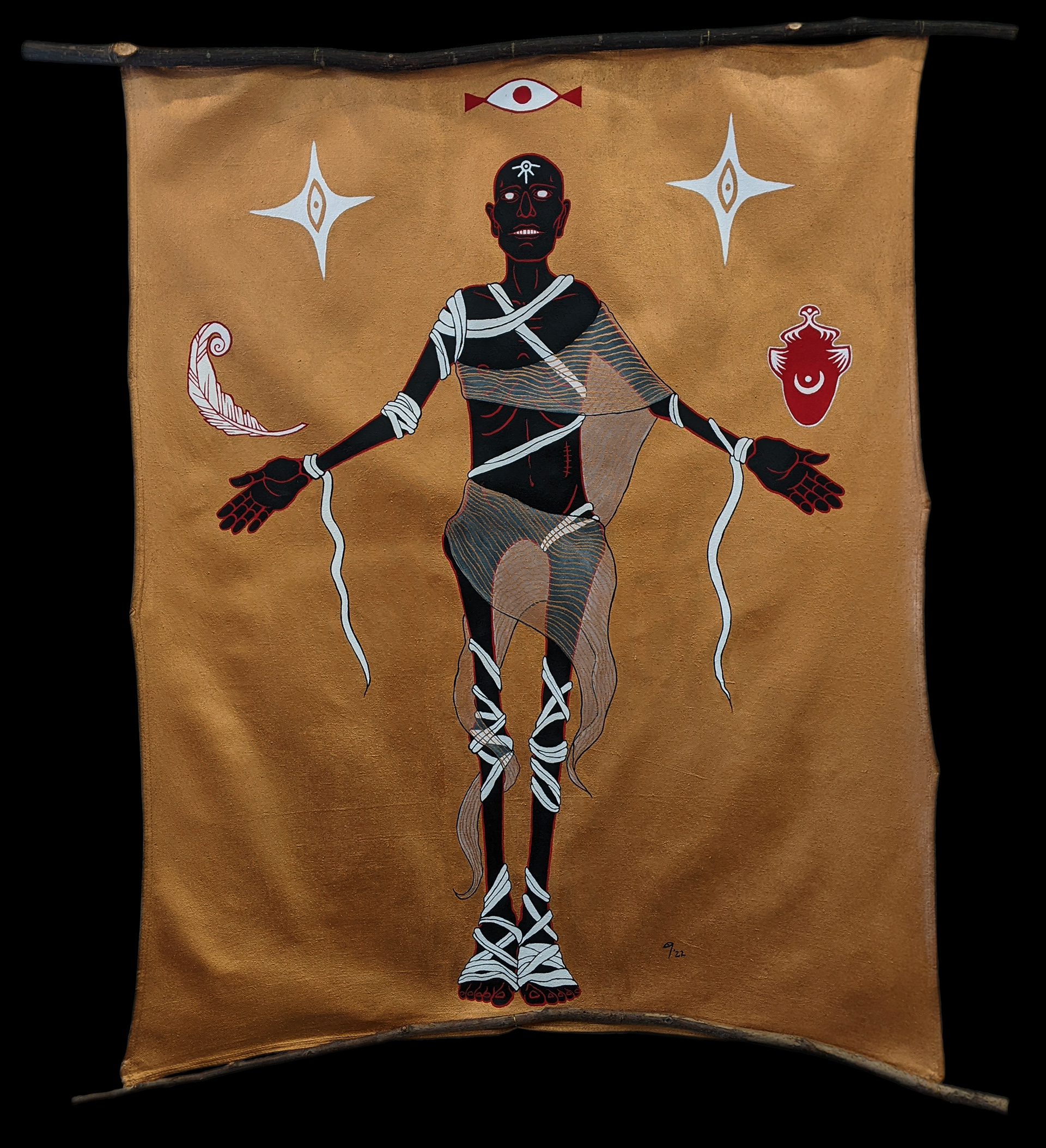 Beloved Guide: Sun Darkened Moon (2022) - Gesso, mineral pigments, and acrylic medium on canvas with striped maple, black walnut, and wire (55” x 62”)