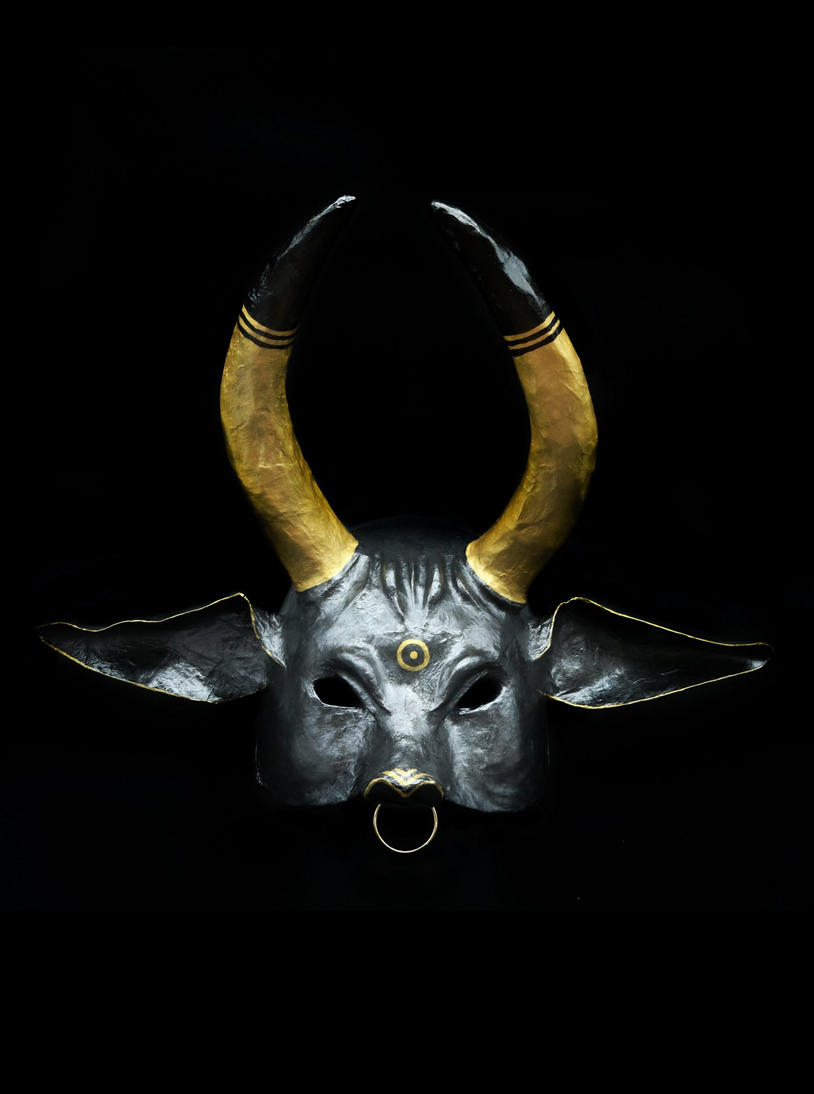 Sun Bull (2022) - rice paper, wheat paste, tin foil, wire, paper clay, ink, mineral pigment, natural varnish (15" x 13")