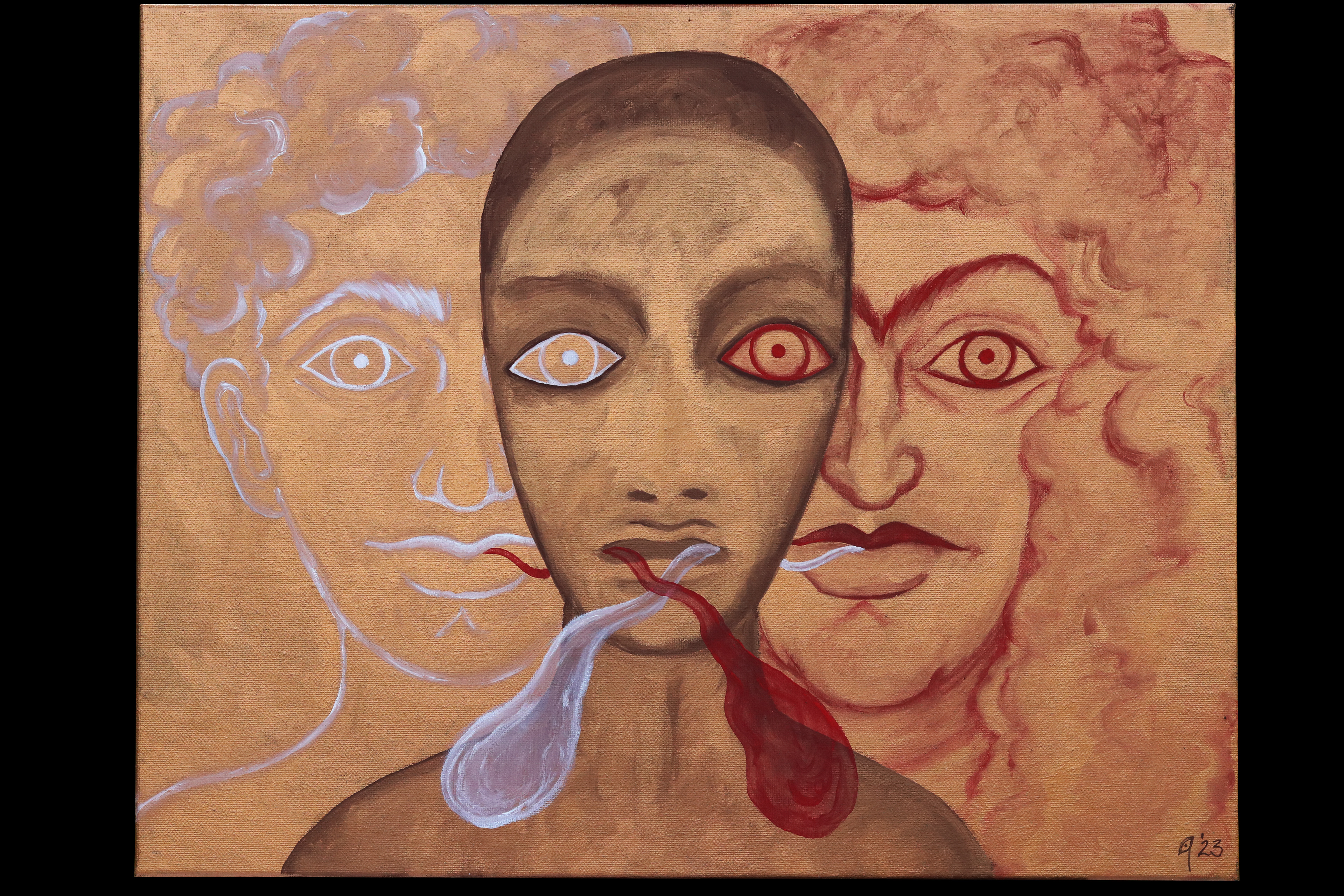 Twins with a Shared Face (2023) - Gesso, mineral pigment, and acrylic medium on canvas (20” x 16”)
