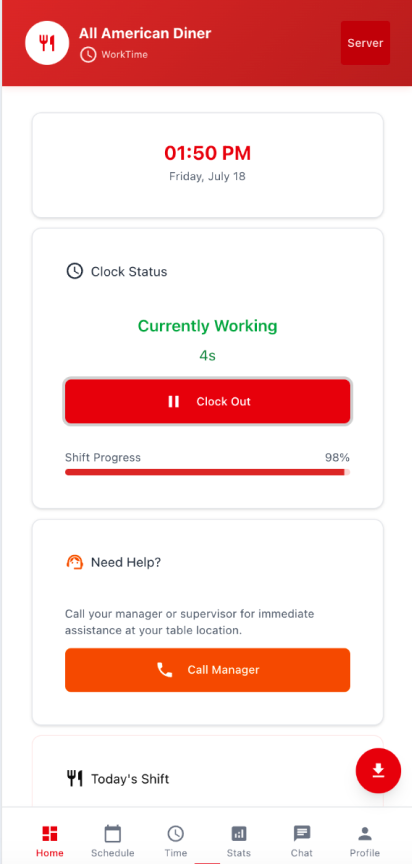 Dashboard-Home Clocked In screen