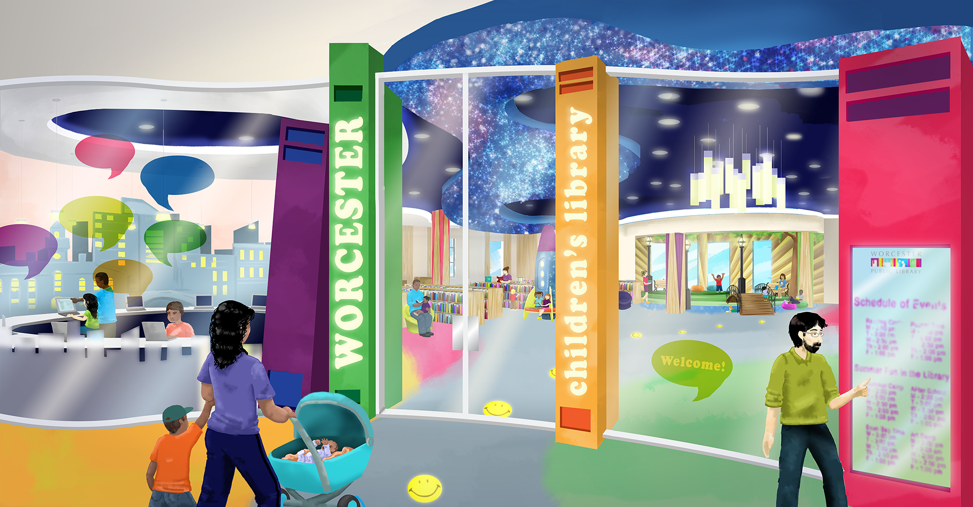 Children's library entrance with view of computer area