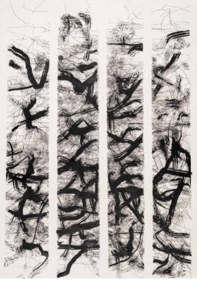 Sonya Rademeyer / "shakuhachi silos" / 70cm(h) x 50 cm(w) / pen drawing on Artistico Fabriano 300gms / 2020 – 2023
