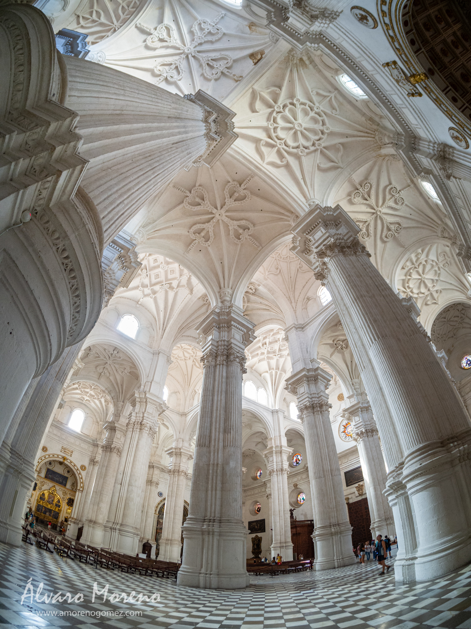 Inside and ceiling of the Cathedral of Granada and its brightness.