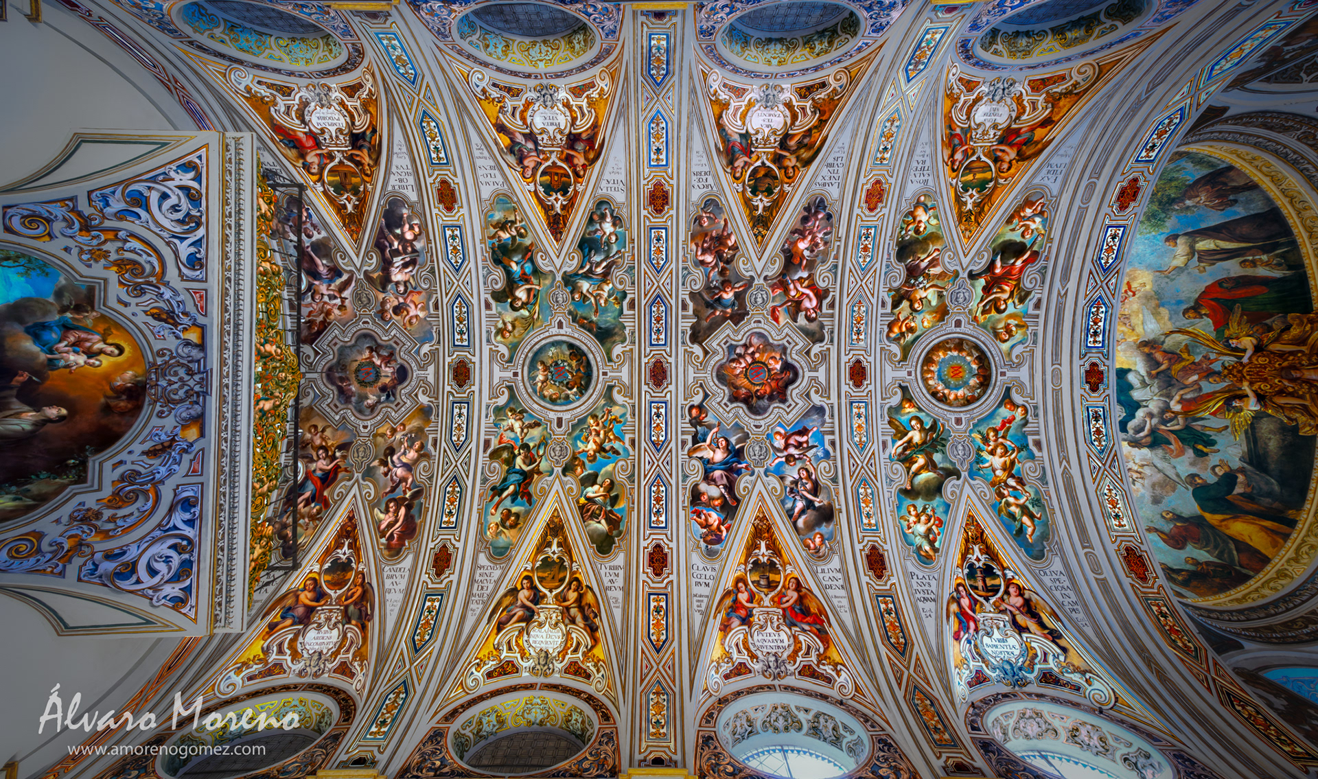 Bóveda de cañón profusamente decoradas en la capilla doméstica o de novicios en la antigua iglesia jesuita de San Luis de los Franceses, Sevilla.