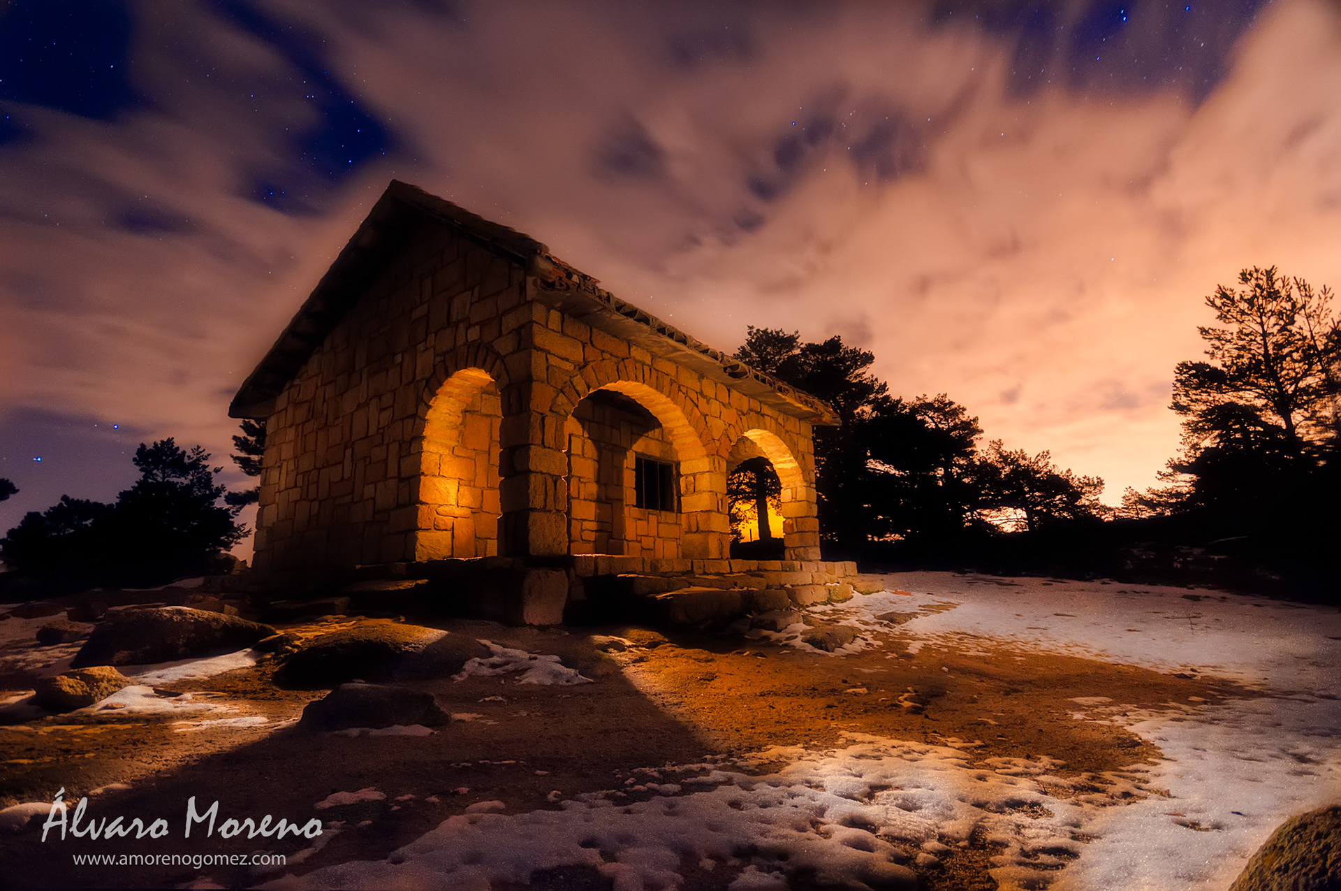 Refuge in the Sierra de Guadarrama in Madrid, Spain. Night photography with lighting with flashlights.