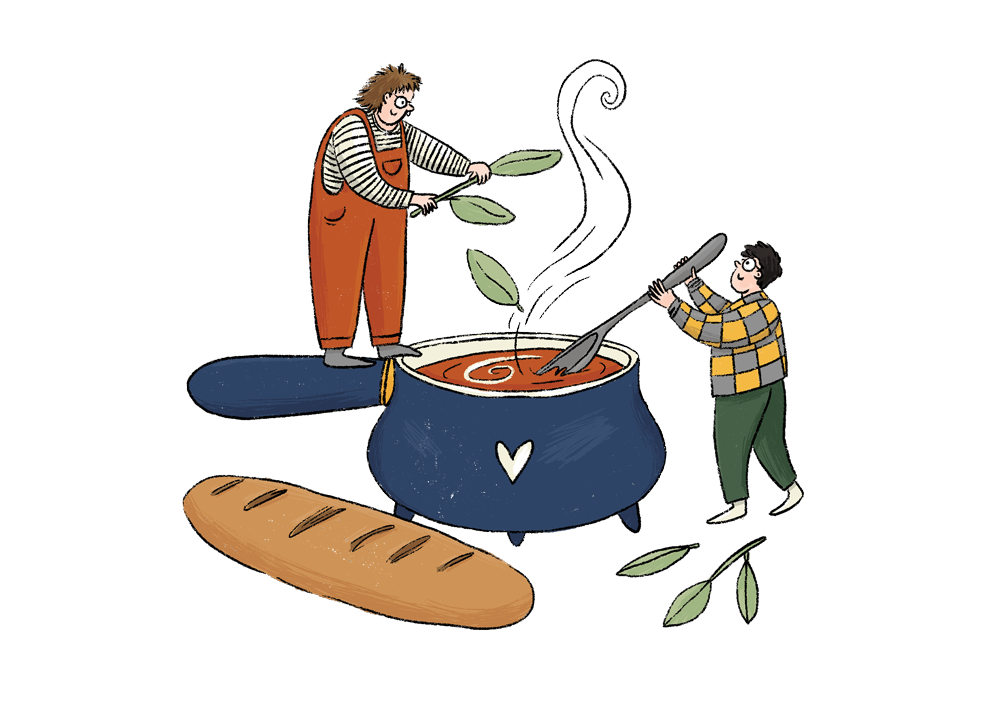 Illustration of non-binary couple making soup