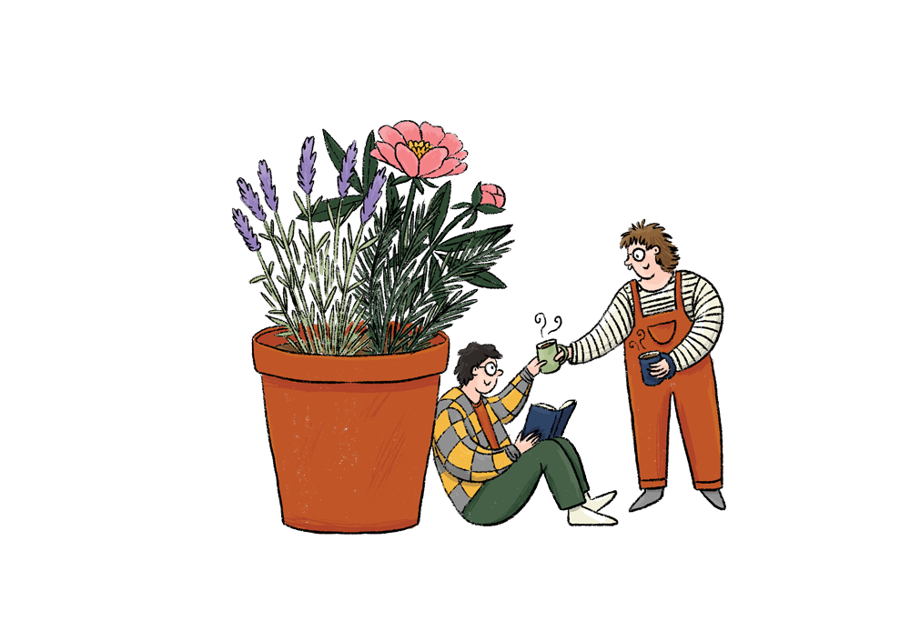 Illustration of lavender rosemary and peony plants in a bot with non-binary couple reading and drinking tea