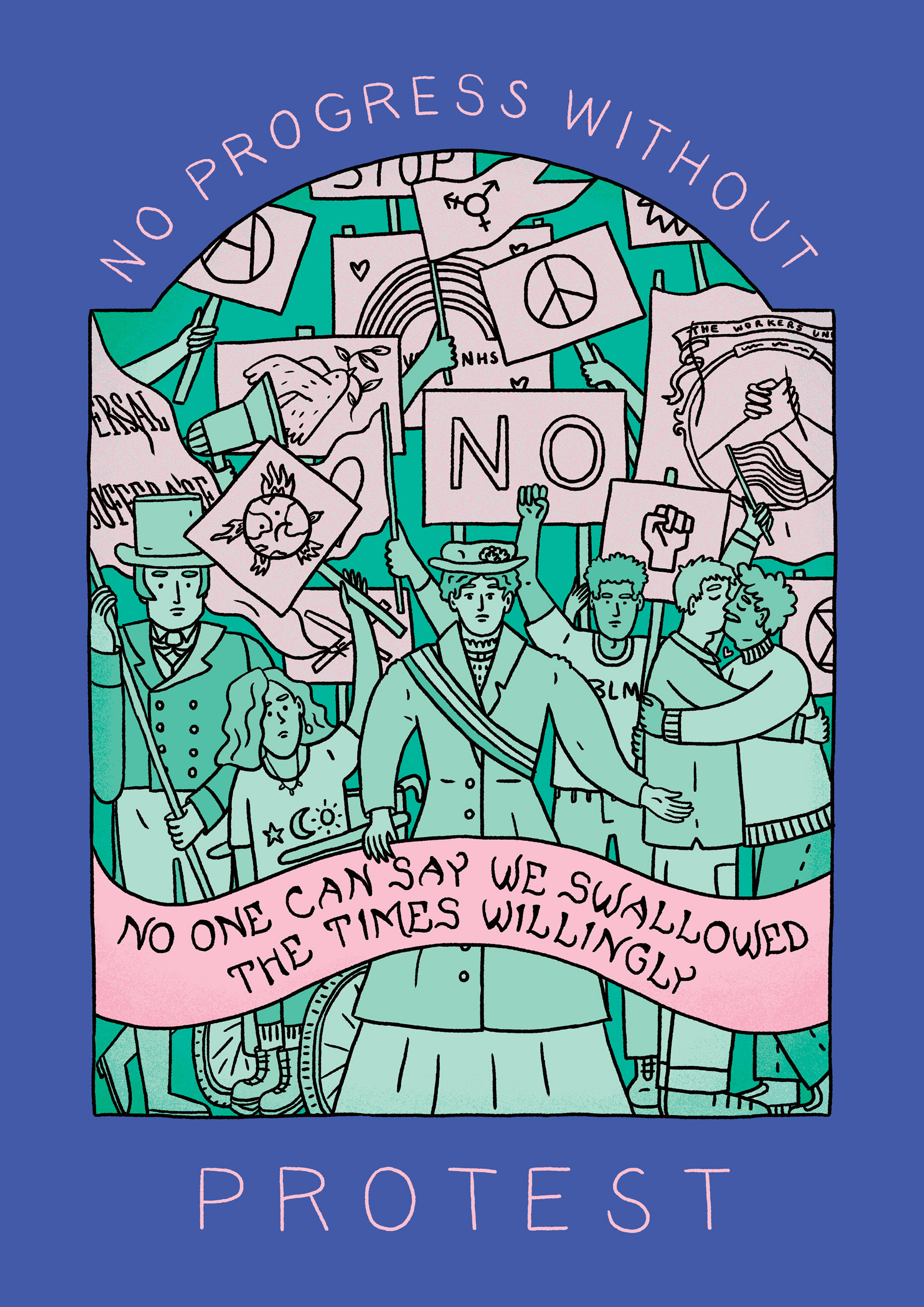 Protest and stiking illustration showing historic marches