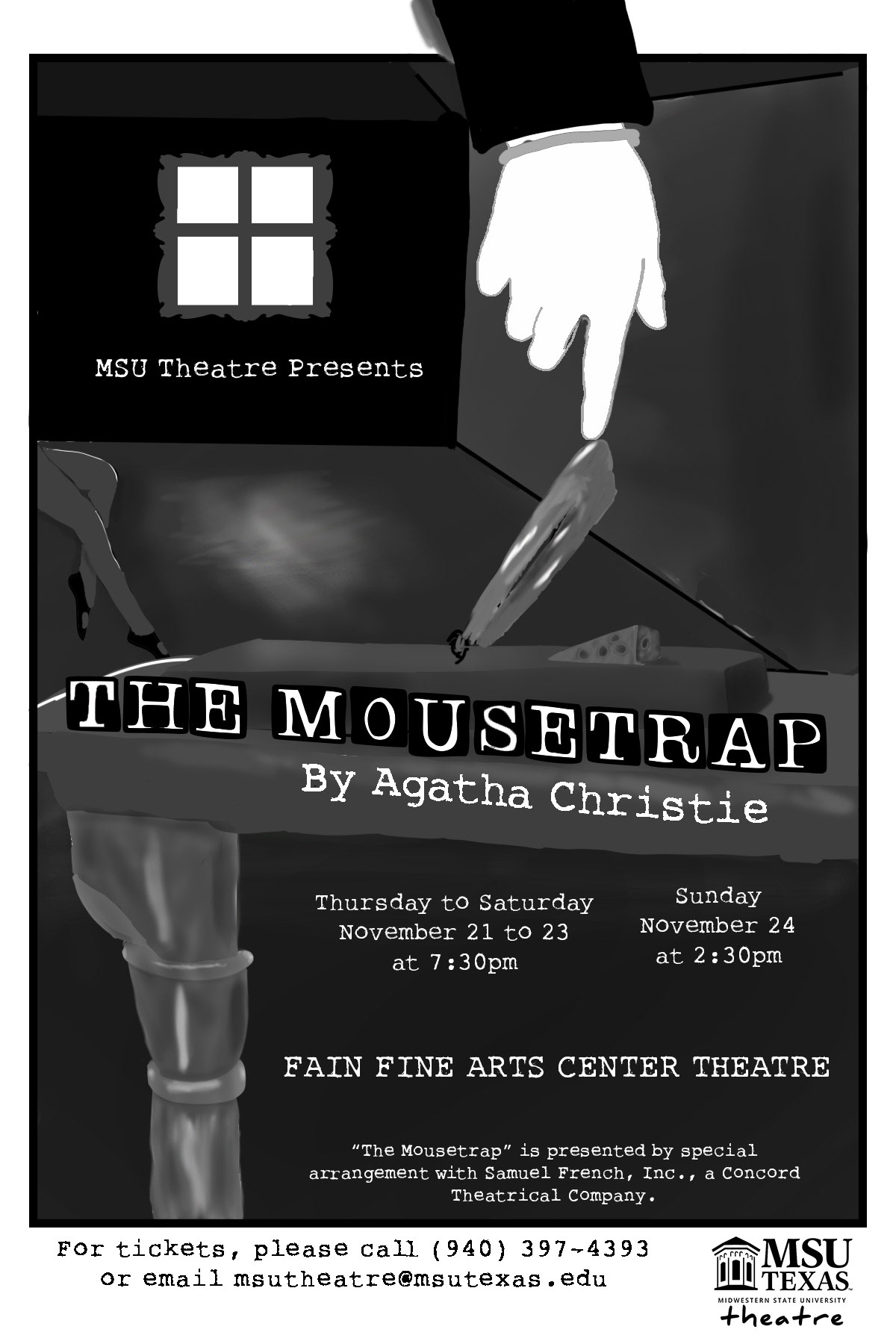 A Poster for the MSU Texas Theatre production "The Mousetrap" by Agatha Christie