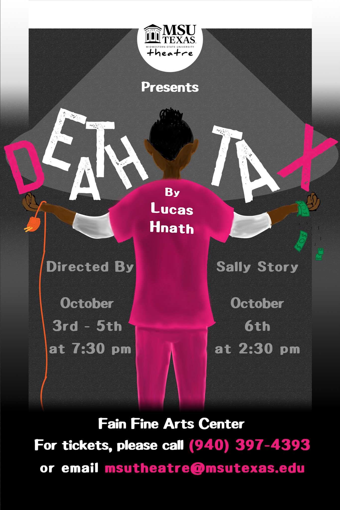 A Poster for the MSU Texas Theatre production "Death Tax" by Lucas Hnath