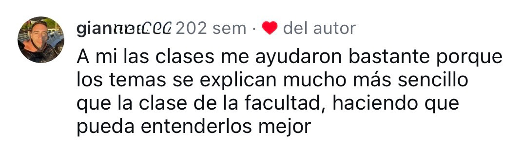 Gianni: " A mi las clases me ayudaron bastante porque los temas se explican mucho más sencillo que las clases de la facu".