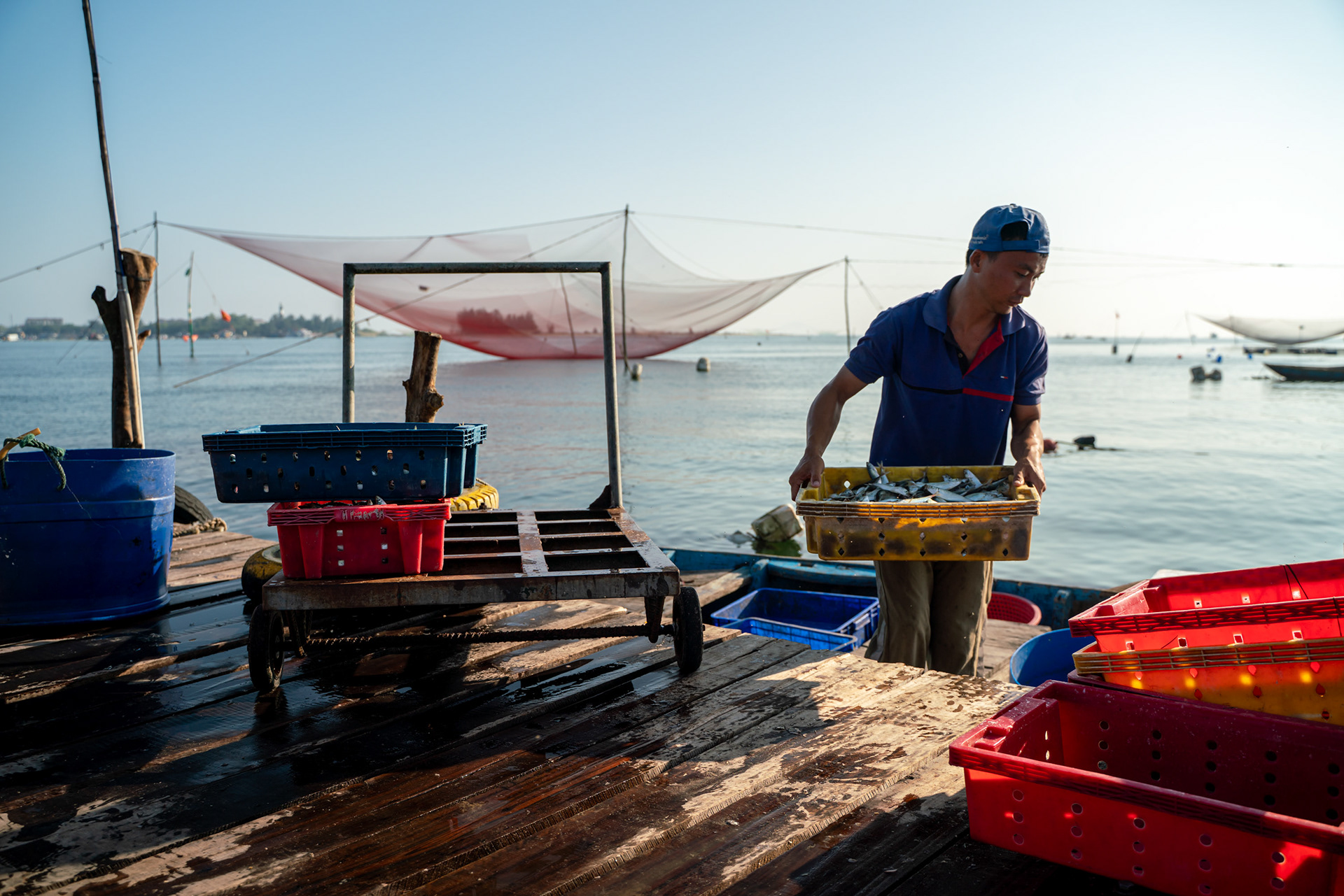 Vietnamese fisherman carrying fish crates on a dock in coastal Quang Nam.