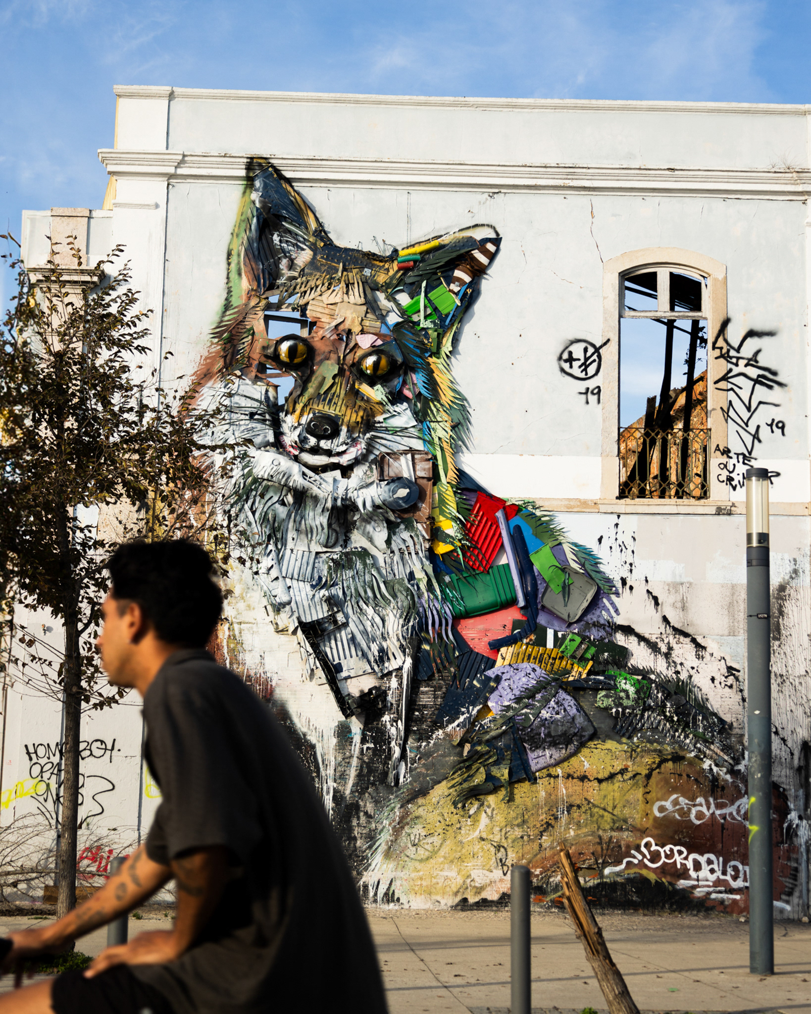 A buildings façade decorated with an art pice resembling a colorful fox made from trash by the artist Bordalo II
